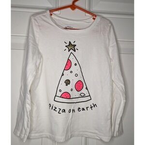 OshKosh Shirt Girls Size 8 Pizza On Earth Long Sleeve White Tee Christmas